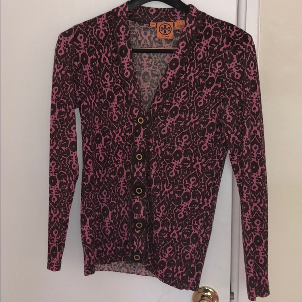 Tory Burch vneck pink and brown cardigan